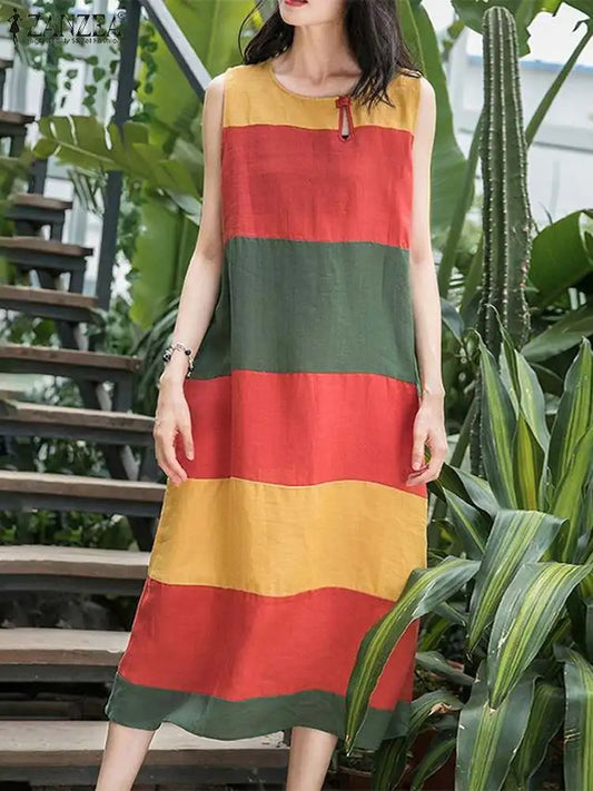 ZANZEA Casual Colorblock Long Dress Women Summer Sleeveless Midi Robe 2024 Holiday Bohemian Vestidos Fashoin O-Neck Tank Dress