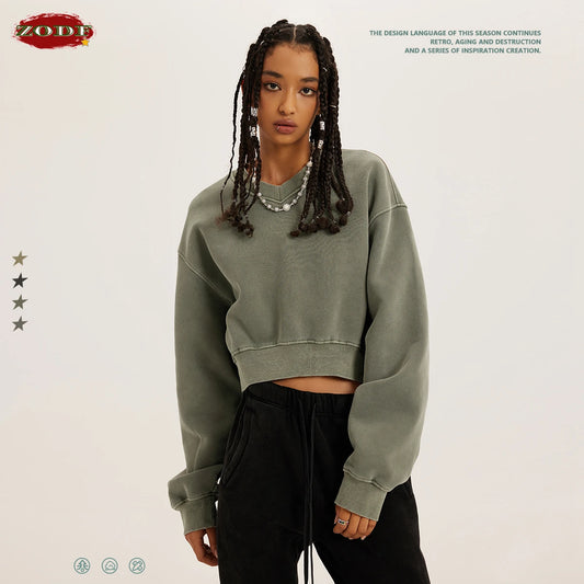 ZODF 2023 Winter Women Short Fleece Cropped Sweatshirts Girls Female Hip Hop Loose 380gsm V-Neck Pullovers Brand Tops HY0437