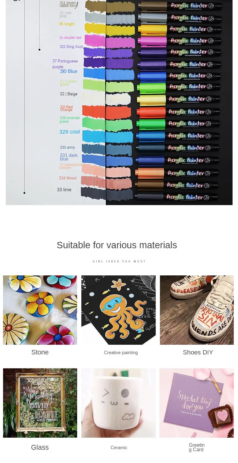 12/60 Color Acrylic Markers Brush Pens for Fabric Rock Painting Pen Stone Ceramic Glass Canvas Wood DIY Card Making Art Supplies