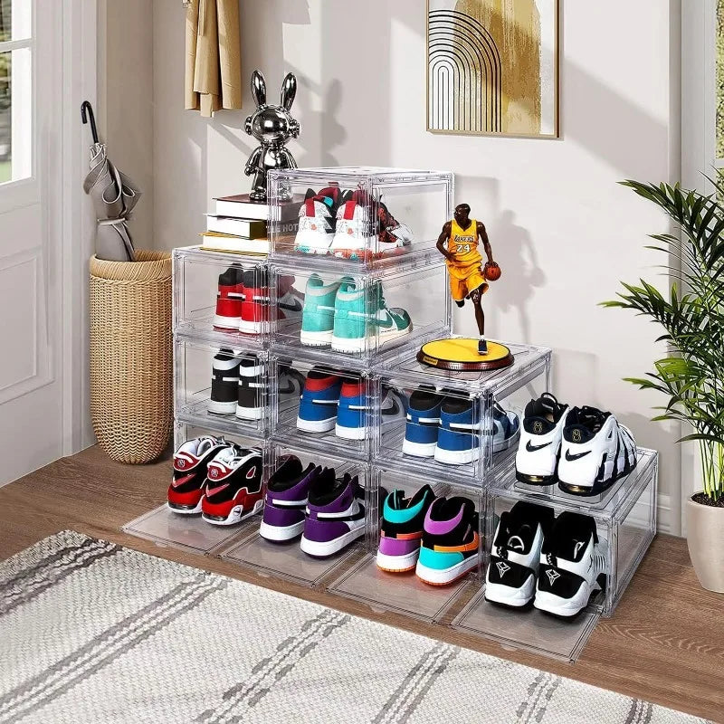 12 Pack Shoe Box,Drop Front Shoe Box,Clear Plastic Stackable Sneaker Box,Shoe Containers,Acrylic Shoe Display Case