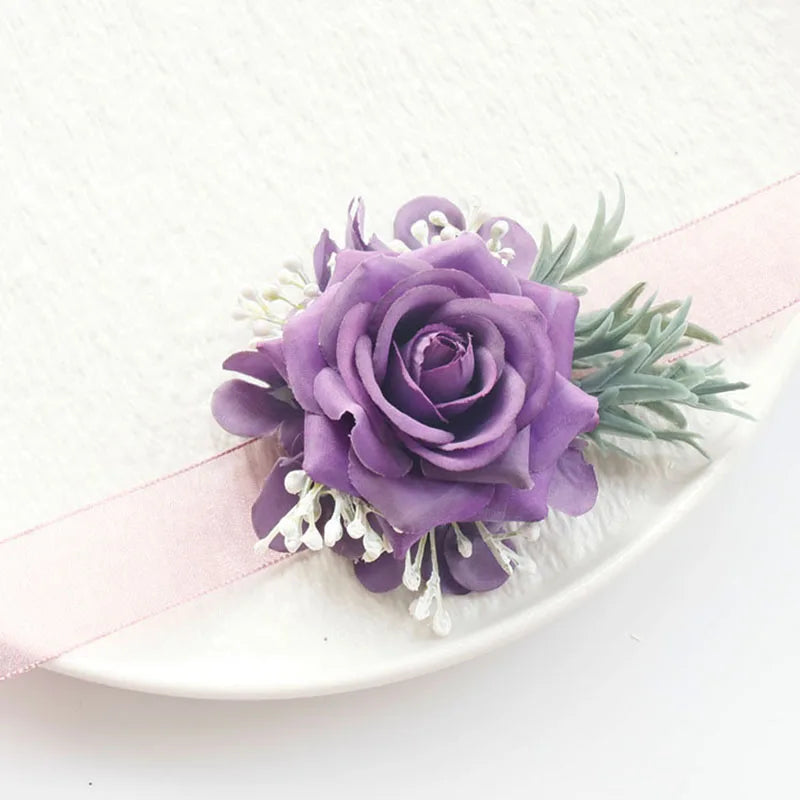 1/6PCS Purple Rose Wedding Wrist Corsage And Boutonniere Set For Bride Bridesmaid Men Groom Red Rose Wedding Flower Accessories