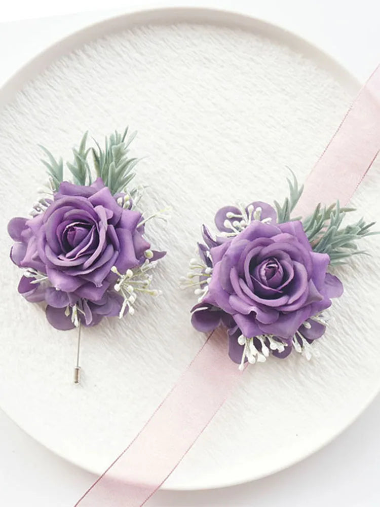 1/6PCS Purple Rose Wedding Wrist Corsage And Boutonniere Set For Bride Bridesmaid Men Groom Red Rose Wedding Flower Accessories