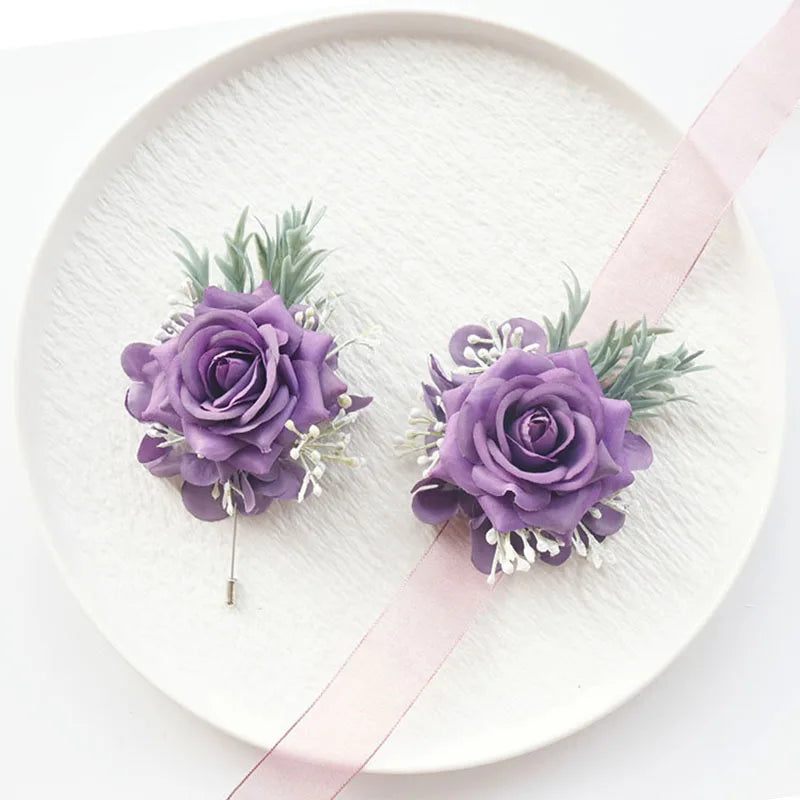 1/6PCS Purple Rose Wedding Wrist Corsage And Boutonniere Set For Bride Bridesmaid Men Groom Red Rose Wedding Flower Accessories