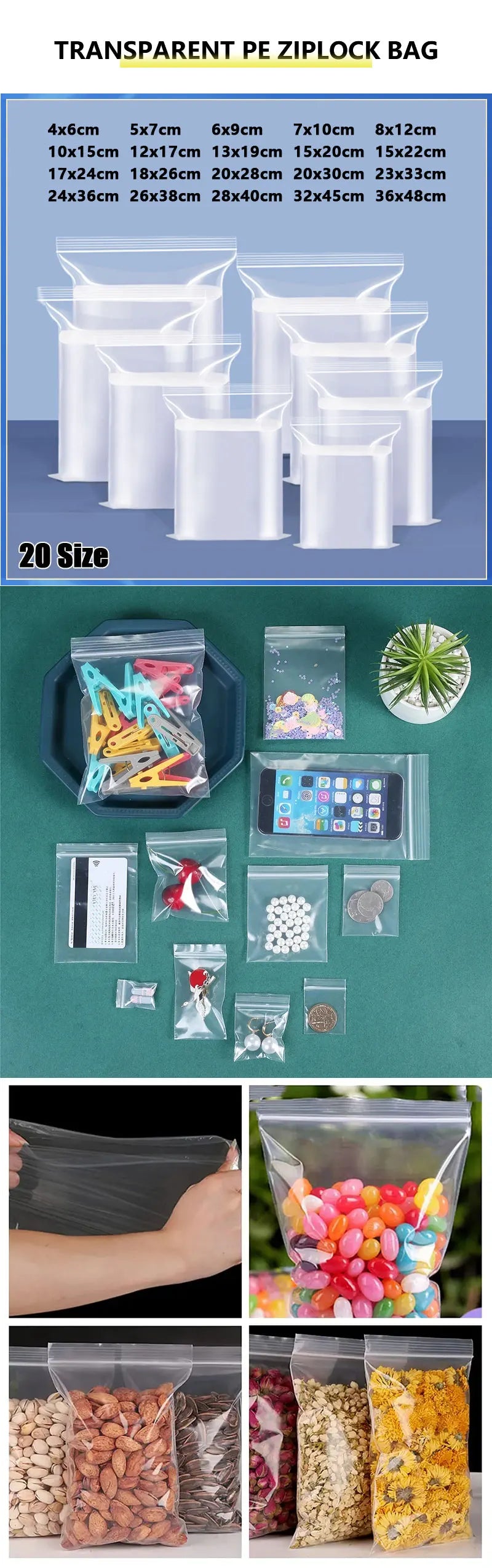 100Pcs Thicken Zipper Sealed Bags Clear Plastic Storage Bag for Small Jewelry Food Packing Reclosable Ziplock Sealing Bags