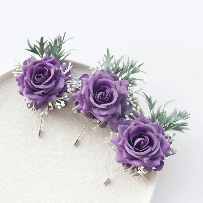 1/6PCS Purple Rose Wedding Wrist Corsage And Boutonniere Set For Bride Bridesmaid Men Groom Red Rose Wedding Flower Accessories