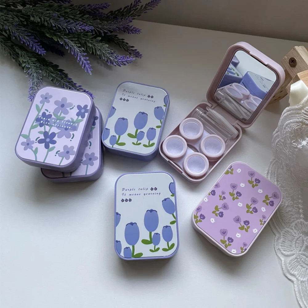 1 Piece Beauty Contact Lens Box Purple Tulip Portable Contact Lens Case Companion Box Two-pack Eye Lenses Holder Container