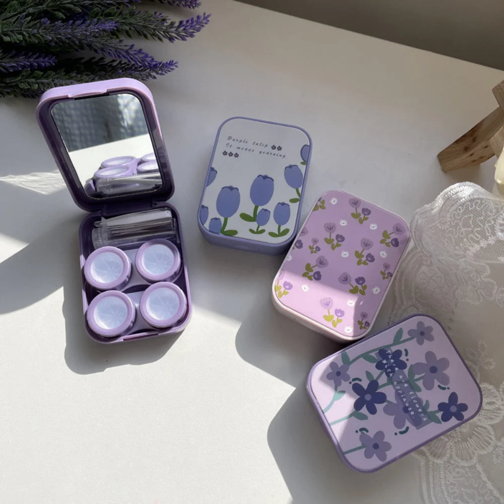 1 Piece Beauty Contact Lens Box Purple Tulip Portable Contact Lens Case Companion Box Two-pack Eye Lenses Holder Container