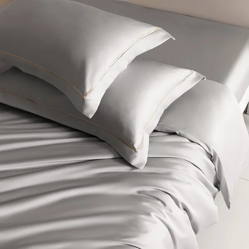 1000TC Egyptian Cotton White Duvet Cover Set with Silver Embroidery Border(1Duvet Cover+2Pillow Shams)Soft Breathable