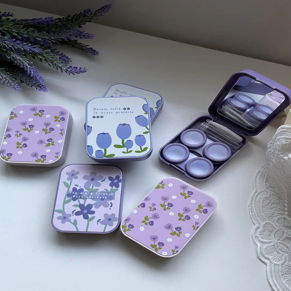 1 Piece Beauty Contact Lens Box Purple Tulip Portable Contact Lens Case Companion Box Two-pack Eye Lenses Holder Container