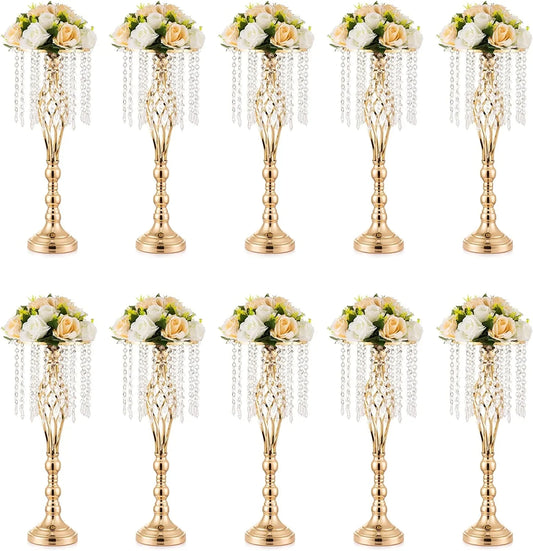 10 Pcs Gold Vase for Wedding Centerpieces Table Decorations with Chandelier Crystals, Flower Vase, Wedding Metal Flower Stand