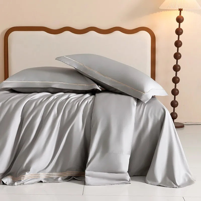 1000TC Egyptian Cotton White Duvet Cover Set with Silver Embroidery Border(1Duvet Cover+2Pillow Shams)Soft Breathable