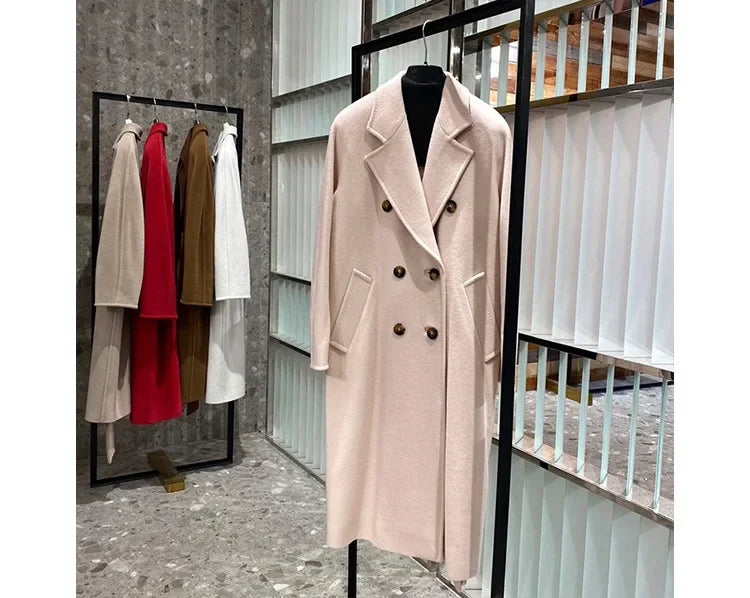 101801 90% Wool 10% Cashmere Coat Women's Medium Long Classic Double Row Button Wool Coat