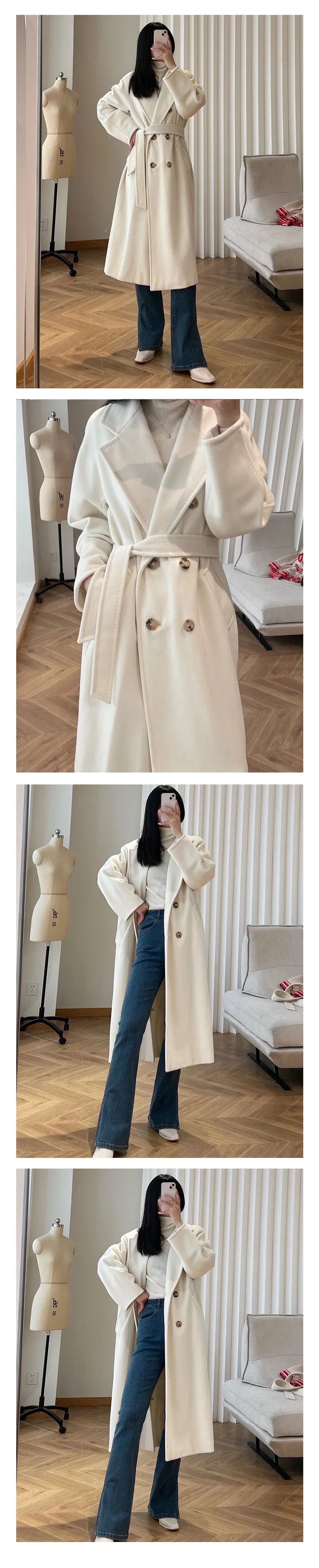 101801 90% Wool 10% Cashmere Coat Women's Medium Long Classic Double Row Button Wool Coat